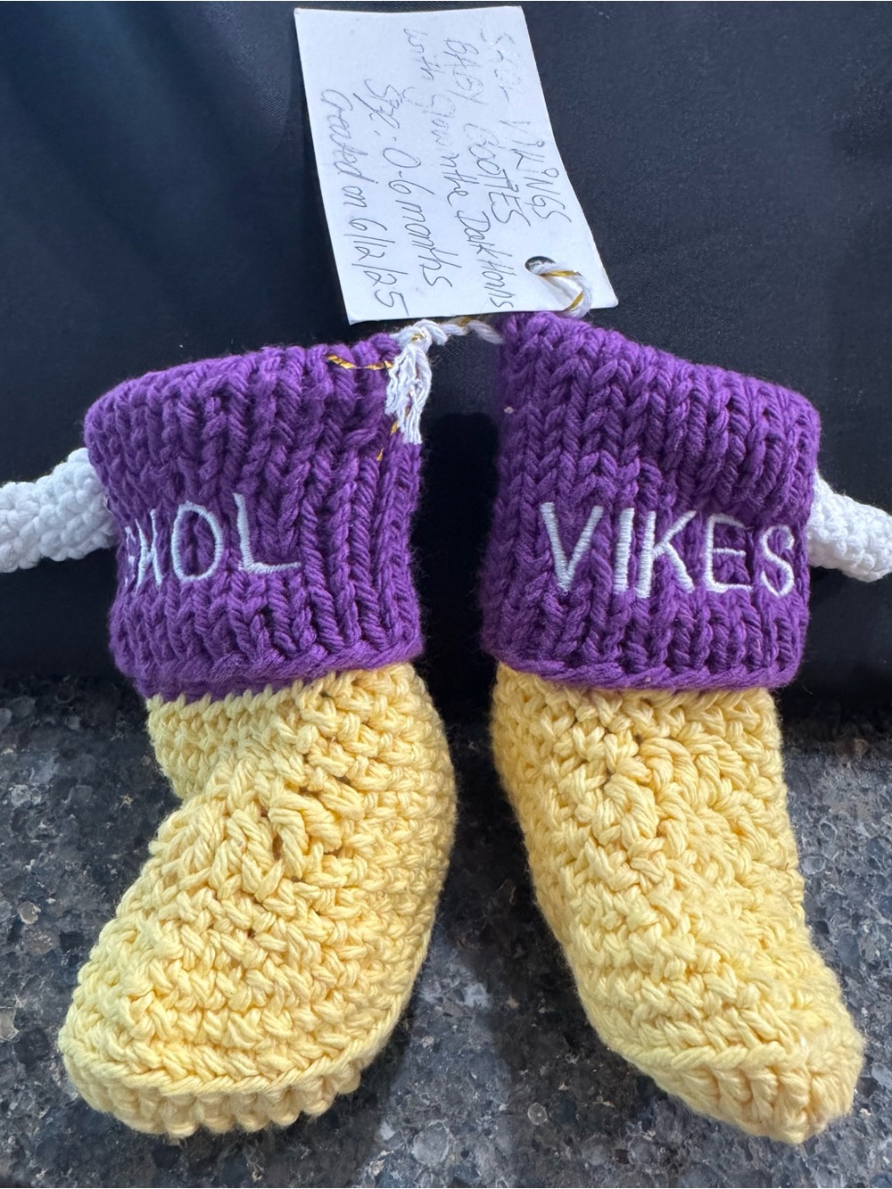 Source Unknown Purple and Yellow Crocheted Baby Walker Shoes with 'VIKES'